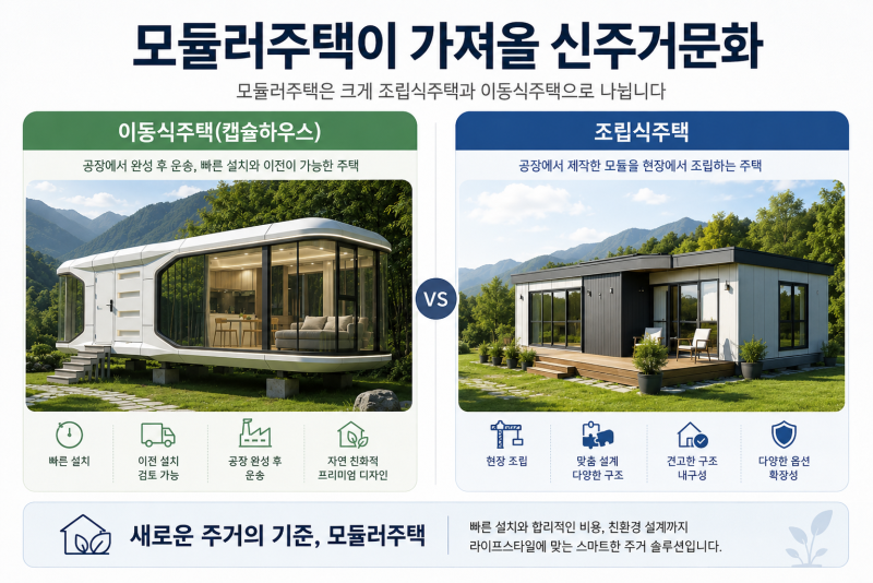 공장에서 제작된 조립식 주택 부재들이 현장에서 조립되는 모습